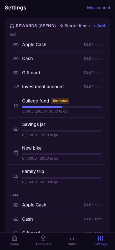 Settings — a rewards catalog with per-kid lists and matched savings goals
