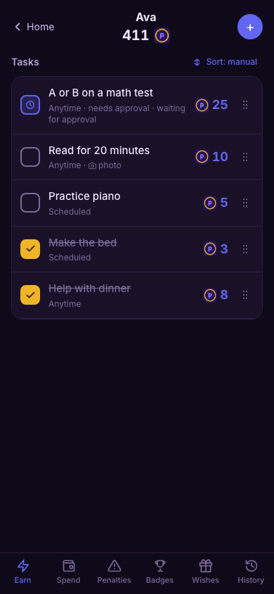 A kid's Earn tab — point-priced tasks with approval, photo, and schedule markers
