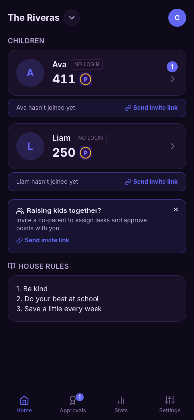 Parent home — each kid's points balance, the family switcher, and house rules
